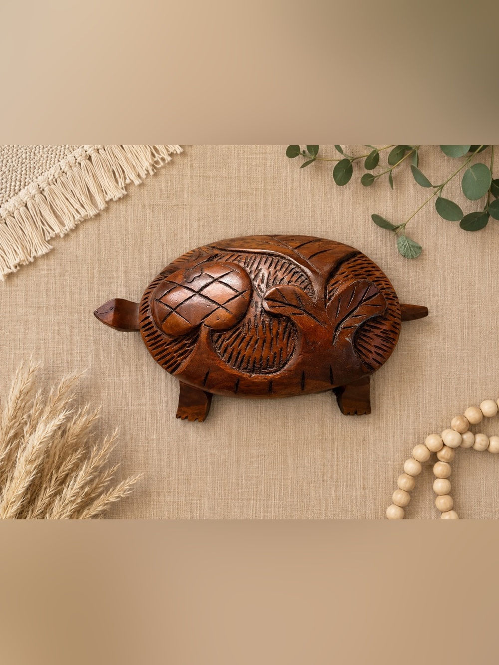 Vintage Brown Hand-Carved Wooden Turtle Wall Accent